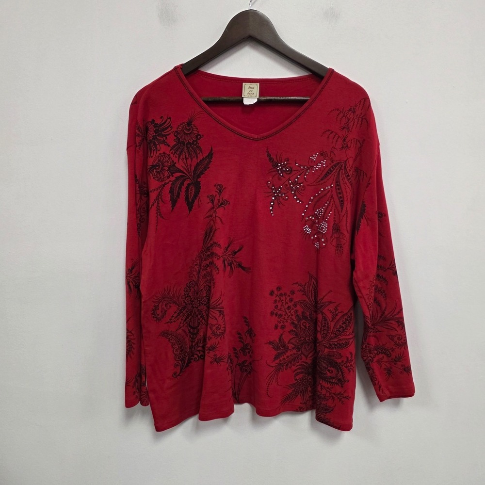 Jess & Jane Womens Long Sleeve V Neck Floral Top Size 3X Red Black‎ Asian Bling